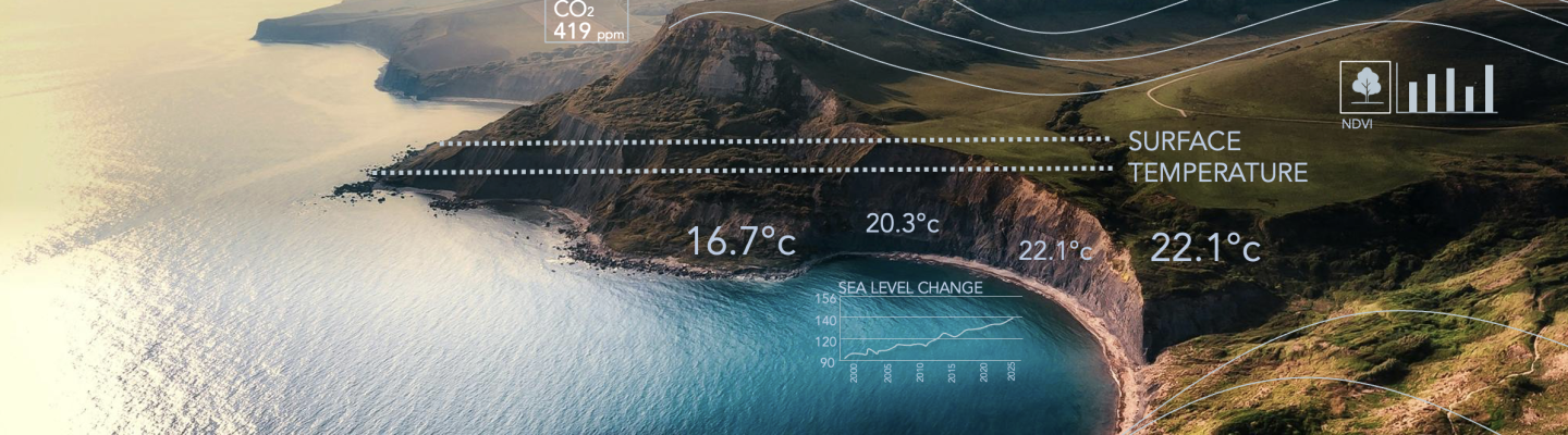 Aerial view of a coastal landscape with overlaid data showing CO2 levels, surface temperature, and sea level change metrics.