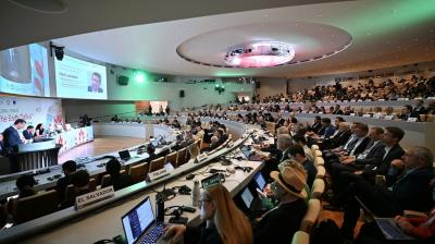 A large conference room filled with delegates seated in rows, attending a formal panel discussion with presentations displayed on large screens.