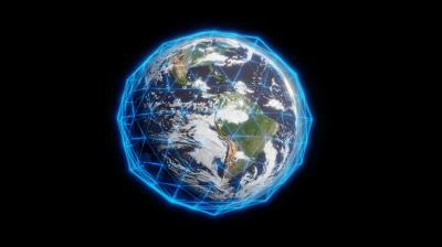 A digital rendering of Earth surrounded by a glowing blue geometric network grid on a black background.