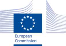 European Commission logo featuring a circle of 12 white stars on a blue background, with stylized building lines and the text "European Commission" below.